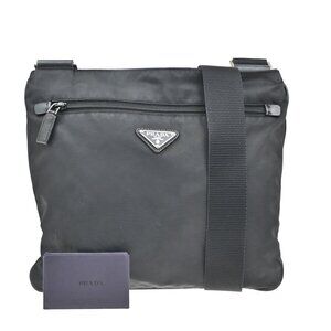 PRADA MILANO Logo Tessuto Shoulder Bag Nylon Leather Black Silver Italy 64EF077